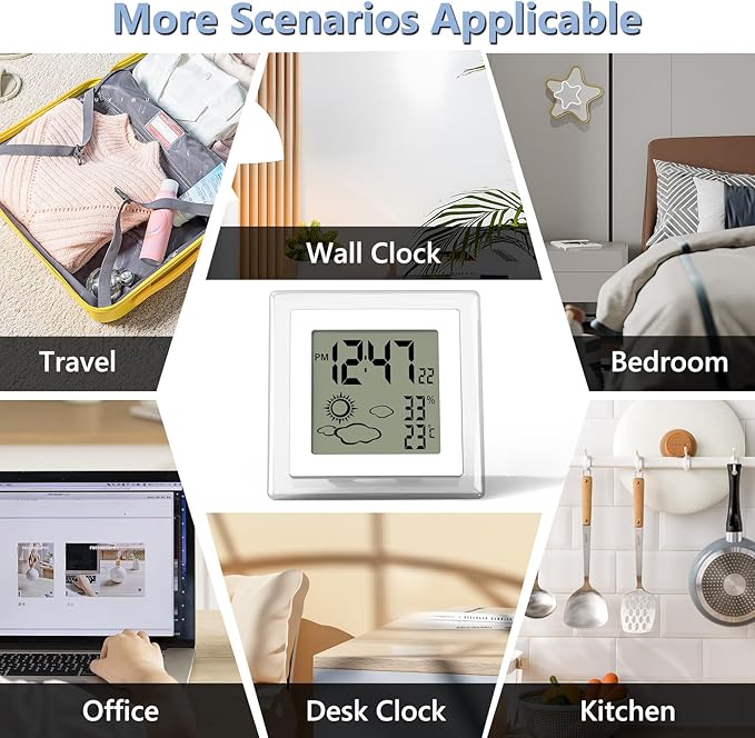 VOILEIPAGI Small Clock Digital Battery Operated Alarm Clock with Auto Backlight, Indoor Temperature Humidity, 12/24H, Date, Travel Alarm Clock Desk Clock Small Clock for Shelf (Battery Included)