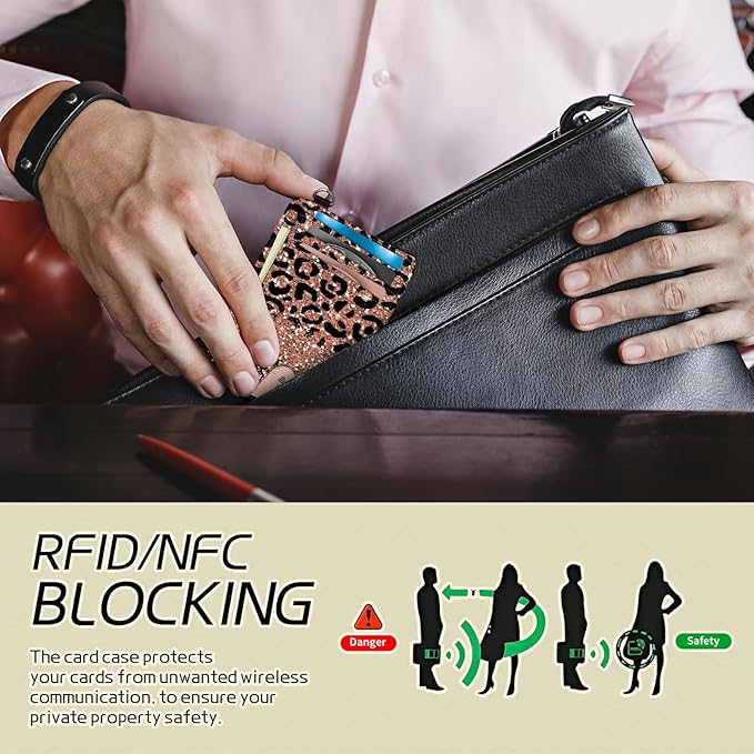 BWEGRHE Small Travel Wallets, Leopard Glitter Slim Minimalist Front Pocket Wallet with Wristlet, RFID Blocking PU Leather Credit Card Holder with ID Window Change Purse for Men Women