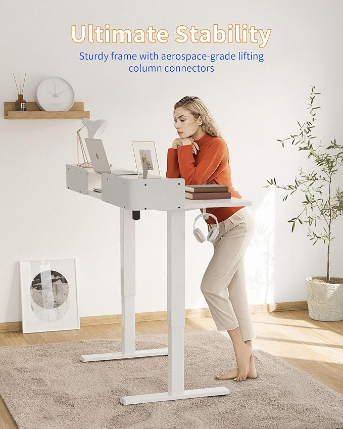 YIHAYO Electric Standing Desk with Drawers, 60 x 24 Inches Adjustable Desk with Storage Shelf, Computer Table with Splice Board for Home Office,White Frame/White Top
