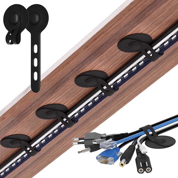 Nearockle Cable Management Under Desk, Adjustable Self-Adhesive Silicone Cable Ties Cord Organizer, Reusable Heavy-Duty Cord Holder Under Table for Office, Home, School (20Pcs-Black)