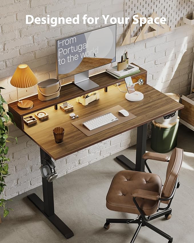 Electric Height Adjustable Standing Desk with Power Outlet and LED Light Strip, Sit to Stand, Ergonomic 48x24" Rising Desk with Memory Presets, Home Office Workstation, Computer Gaming Table, Walnut