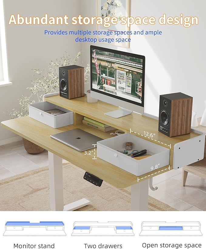 YIHAYO Electric Standing Desk with Drawers, 40 x 24 Inches Adjustable Desk with Storage Shelf, Stand Up Desk with Splice Board, Computer Table for Home Office, White Frame/Natural Top