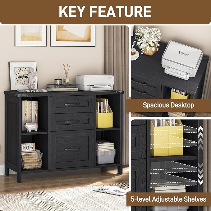 Vabches File Cabinet with 3 Drawers, Farmhouse Lateral File Cabinet Fits Files Letter/A4 Size, Wooden Filing Cabinet with Adjustable Shelves Printer Stand for Home Office, Black