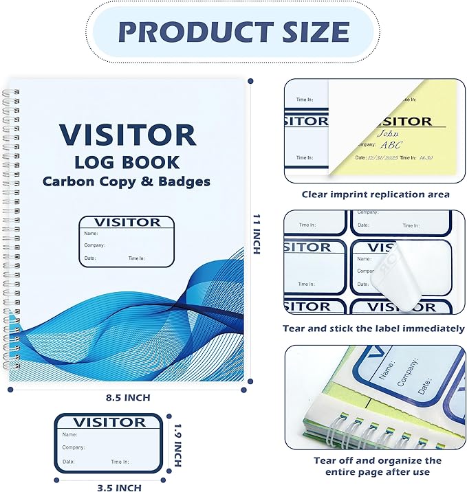 1 Pack of 150 Visitor Badges Registry Log with Carbon Copy Visitor Stickers Letter Size Visitor Log Book Extras Protecting Privacy Pages Spiral-Bound Self Visitor Badges Guest Register Book(1)