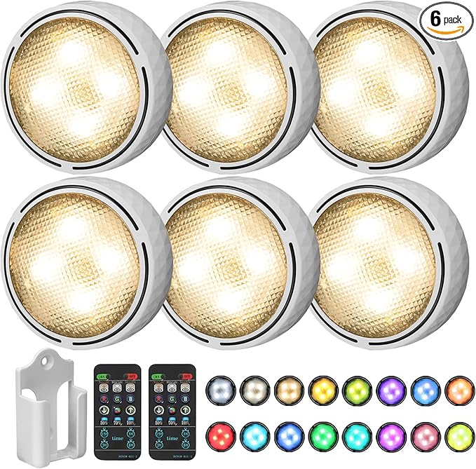 Onumii LED Puck Lights Battery Operated LED Under Cabinet Lighting Wireless Stick on Tap Lights with Remote Controll Color Changing Timer Function for Cabinets, Shelves, Closets - 6Pack White