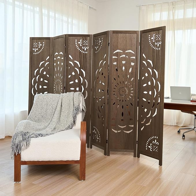 66.9Inch Wooden Room Partition - 6 Panels Boho-Styled Space Room Divider for Home/Office, Headboard & Yoga/Photo/Video Call Backdrop (Brown)