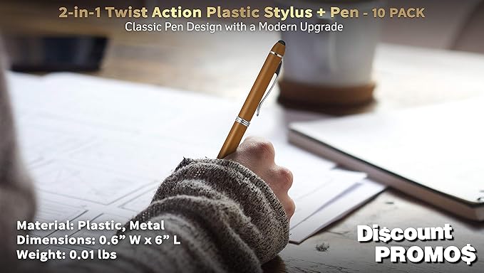 DISCOUNT PROMOS Twist Action Plastic Stylus Pens, Set of 10, Bulk Pack - Pens for Work, Cool Pens for Writing, Black Ink - Gold