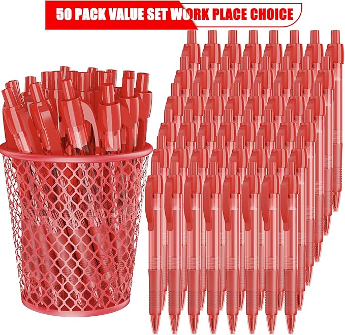 deegtran Pens Bulk, 50 Pack No Bleed Red Ink Click Pens with Soft Grip, Wholesale Retractable Ballpoint Pens for Office School, Medium Point Smooth 1.0MM