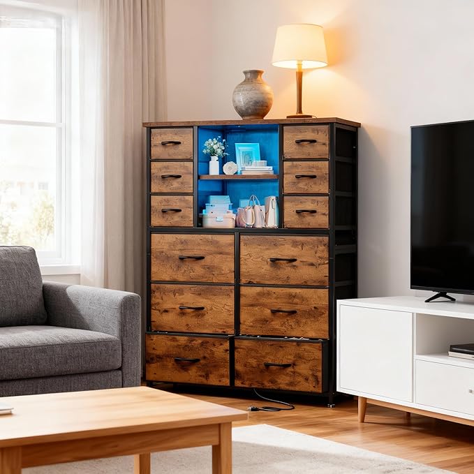 EnHomee Dresser for Bedroom with Fabric Dresser, Charging Station & LED Light, Large Chest of Drawers for Living Room, Entryway, Metal Frame, Rustic Brown, 50.6" H x 37.8" W x 11.8" D