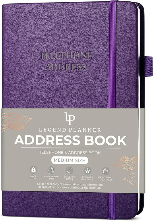 Legend Planner Address Book with Alphabetical Tabs –Telephone Contacts Book for Phone Numbers, Addresses, Passwords, Medium (Purple)