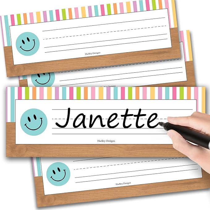 Desk Name Tags for Classroom -25 Student Name Plates for Classroom Kindergarten, Preschool, 1st, 2nd & 3rd Grade, 9x3 Teacher Nameplates for Student Desks & Cubbies, Smiley Nametags