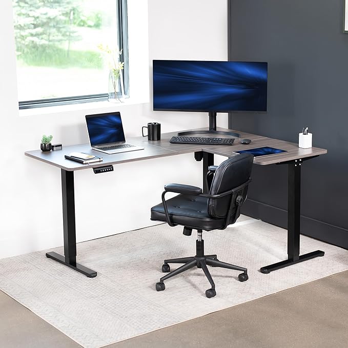 VIVO Electric Corner 63 x 47 inch L-Shaped Standing Desk, Memory Height Adjustment, Dark Gray Top Black Frame, DESK-E3CTG-47