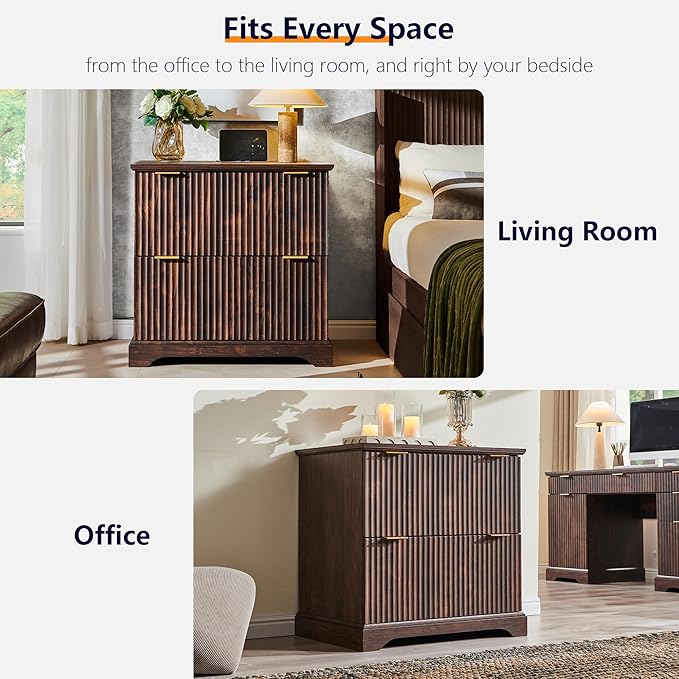 JXQTLINGMU 2 Drawer File Cabinet with Charging Station, 30" Fluted Lateral File Cabinet w/Files Hanging Rod for Letter/Legal/A4, Large Tabletop for Printer, Office Wood Printer Cabinets, Dark Walnut
