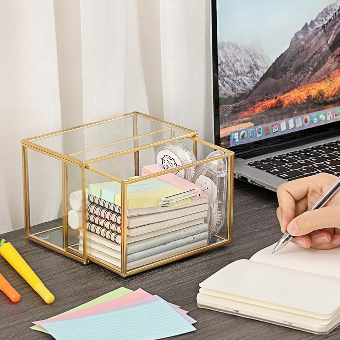 BTSKY Golden Glass Index Card Organizer Box, 3x5 Inch Index Cards Holder with Drawer, Flash Card Storage Holder, Recipe Notecard Box for Office Desk Photo Case Business Cards and Study Note Cards