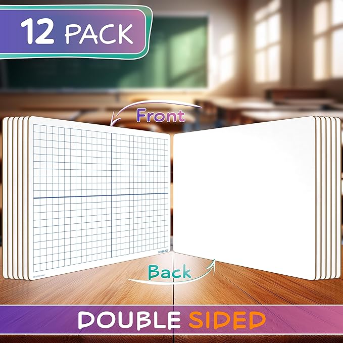 Dry Erase XY Axis Graph Lap Boards 9”X12” for Student and Classroom Use, Math whiteboards (Double Sided White Boards) Erasers Included (12 Pack Graph)