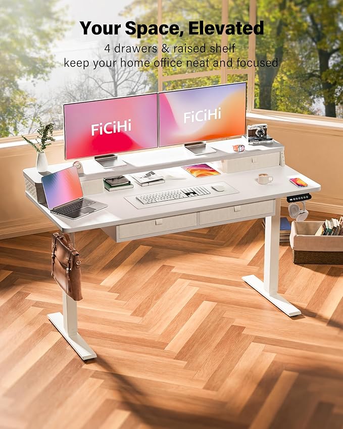 FiCiHi Electric Standing Desk with Four Drawers, Adjustable Height Sit Stand Desk, C-Clamp Compatible Home Office Desk with Storage Shelf & Monitor Stand Riser, 55 x 24 Inch, White
