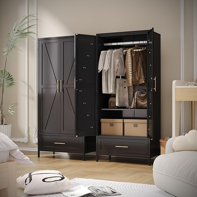 SUPEER Metal Wardrobe Cabinet with 1 Drawer and Hanging Rod, 70.9" H Metal Armoire Wardrobe Closet with Adjustable Shelf for Bedroom, Laundry Room, Home,Office,Installation Required,Black