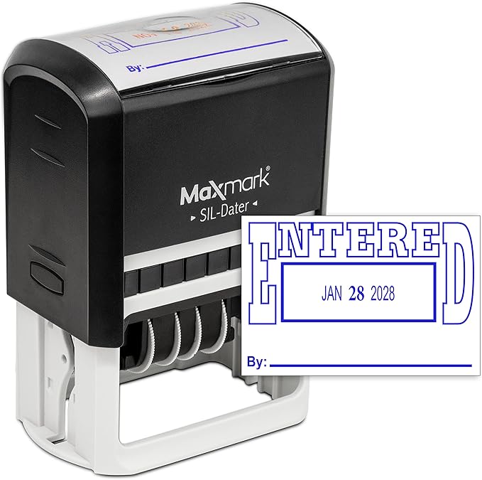 MaxMark Large Self-Inking Rubber Date Office Stamp with Entered Phrase & Date - Blue Ink, 12-Year Band - Style 5