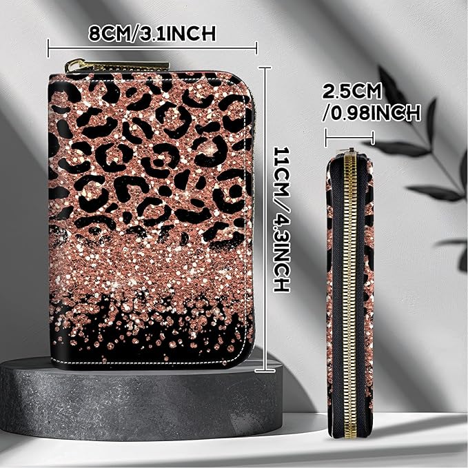 BWEGRHE Cute Credit Card Holder with Zipper, Leopard Glitter RFID-Blocking Card Case Small Wallet for Women Men, Multi-slot Card Organizer Case Travel Accordion Wallet