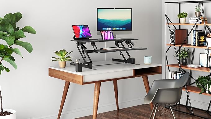 Mount-It! 38" Standing Desk Converter, Desktop Sit-Stand Desk Riser with Gas Spring Height Adjustment, Compact Desk Topper for Dual Monitors or Laptop, Keyboard Tray, Black