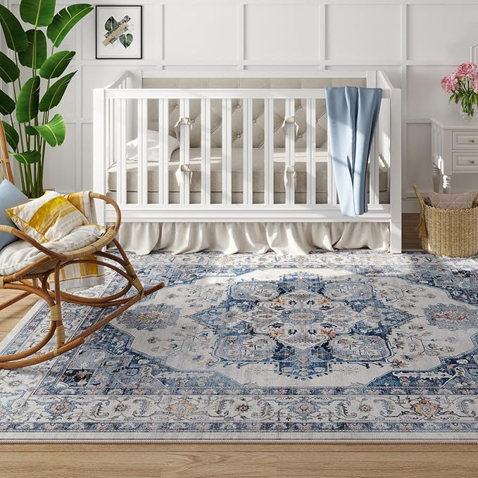 Rugcomf Vintage Medallion Living Room Rug 5'x7' - Machine Washable Area Rug, Non-Slip Low Pile Boho Carpet for Bedroom, Dining Room, Farmhouse, Office, Kids Playroom - Blue