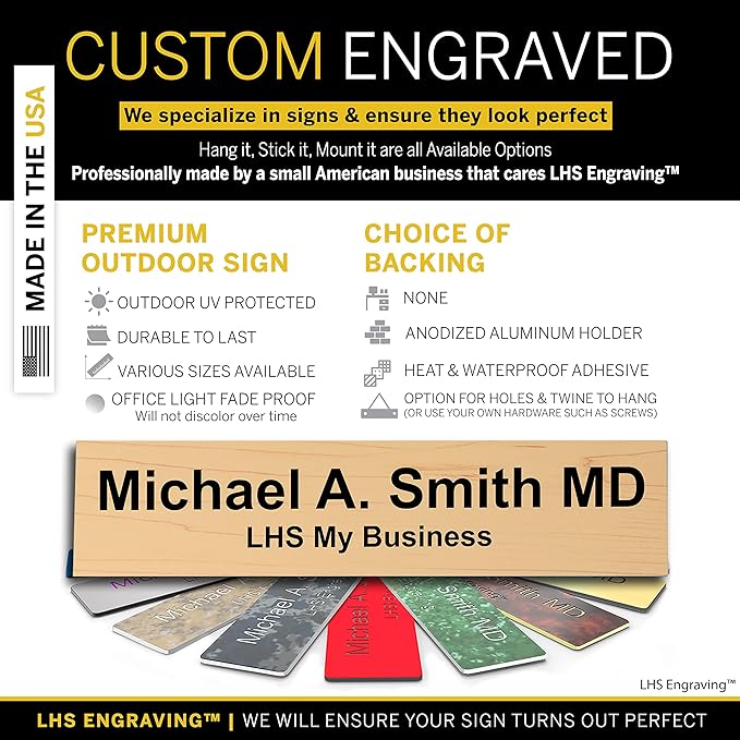 Custom Name Plate with Choice of Mounting for Walls, Doors, Desk Holders, Cubicles, Hanging and More - Personalized Cashew Plastic Black Letters - USA Made 2x8 - N6
