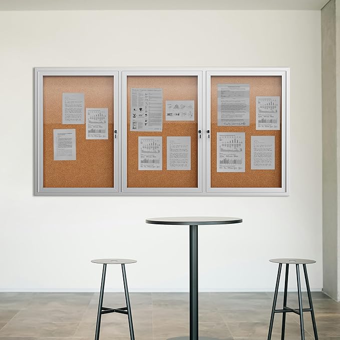 72"x36" Lockable Enclosed Bulletin Board, Outdoor Cork Weather-Resistant Aluminum Frame Notice Board, Wall Mounted Display Case Acrylic Doors for School,Office,Silver Frame w/Cork