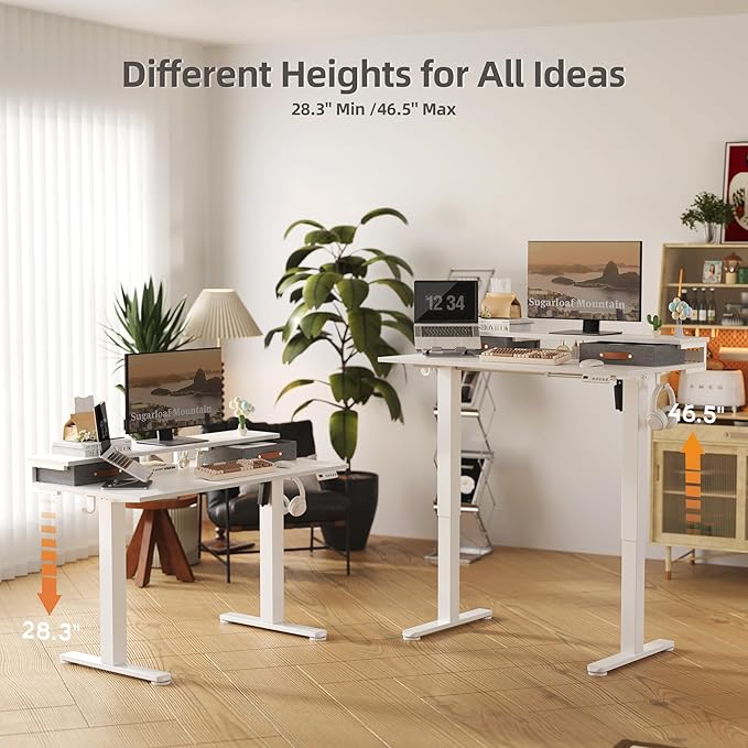 Claiks Electric Standing Desk with 2 Drawers, Adjustable Standing Desks with Storage, Height Adjustable Stand up Desk for Home Office with 2 Hooks,55 Inch White