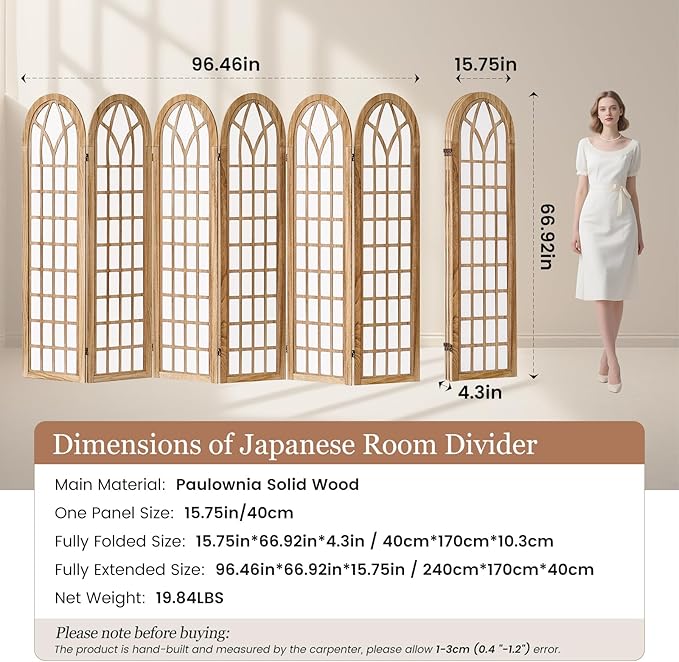 Asnefeli 6 Panel Japanese Room Divider, Shoji Style Partition Divider, Fully Assembled Wooden Privacy Screen for Home Office Bedroom Apartment Decoration, Natual