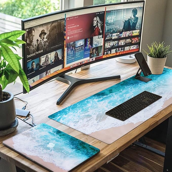 iCasso Extended Gaming Mouse Pad (35.4x15.7 in), Large Non-Slip Rubber Base Mousepad with Stitched Edges, Waterproof Keyboard Mouse Mat Desk Pad for Work, Game, Office, Home - Beach