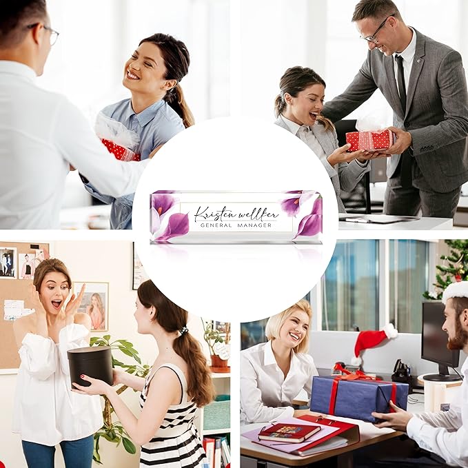 Custom Name Plate for Desk, Desk Name Plate Personalized, Office Decor for Women Men, Acrylic Desktop Accessories, Office Gifts for Coworkers Boss Teacher, Employee Appreciation Gifts (Purple Calla)