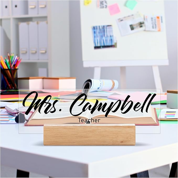Custom Business Logo Desk Name Plate with Wooden Base - 28 Backgrounds - Custom Name Plate for Desk, Office Decor, Teacher Appreciation Gifts