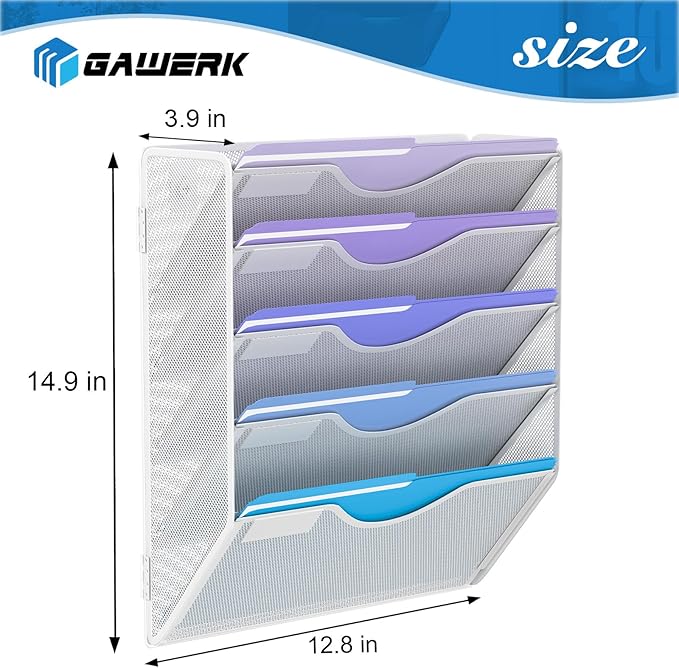 Gawerk 5 Tier Hanging Wall File Organizer, Mesh Mail Paper Orgnization Hanging File Folder Holder for Home Office, White