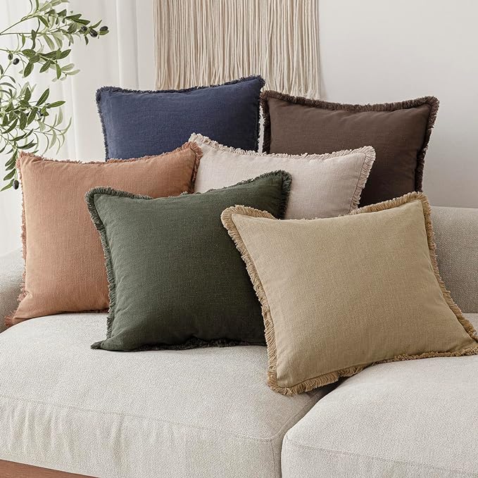 Foindtower Set of 2 Decorative Linen Fringe Throw Pillow Covers Cozy Boho Farmhouse Cushion Cover with Tassels Soft Accent Pillowcase for Couch Sofa Bed Living Room Home Decor,26×26 Inch,Reddish Brown