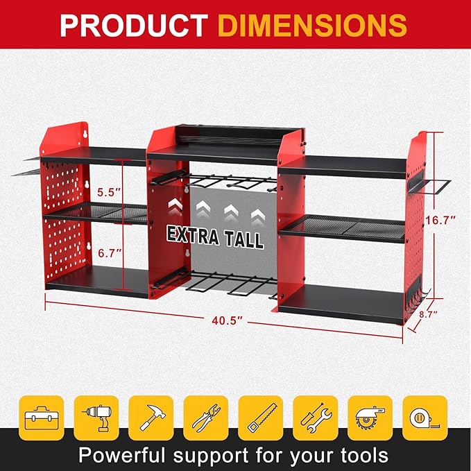 Power Tool Organizer Wall Mount with Charging Station, Heavy Duty Metal Cordless Drill Holder, Garage Tool Storage Battery Rack with 8 Outlet, Gift for Men Husband Dad Birthday Anniversary Red