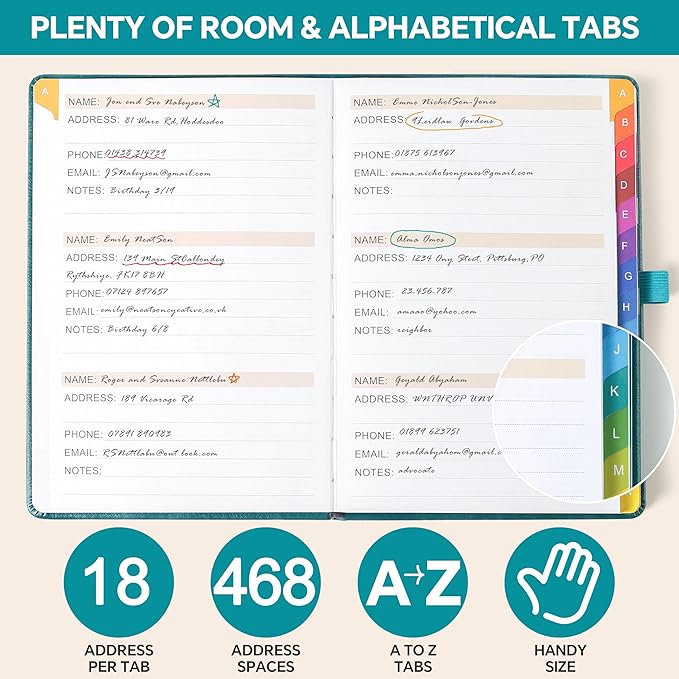 Address Book with Colorful Alphabetical Tabs (8.4" x 5.8") - Hardcover Telephone and Contact Organizer, with Space for Important Website Passwords and Software Licenses - Brown