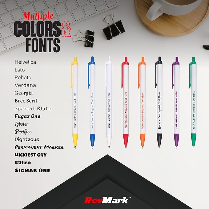 RevMark Personalized Ballpoint Pen, Custom Printed Name, Business or Event Information, Timeless Advertising, USA Made Pens, Promotional Marketing, Smooth Black Ink, Bulk Pack (Blue,100 Ct.)
