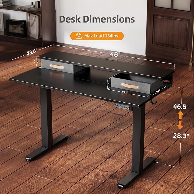 Claiks Electric Standing Desk with 2 Drawers, Adjustable Standing Desks with Storage, Height Adjustable Stand up Desk for Home Office with 2 Hooks,48 Inch Black
