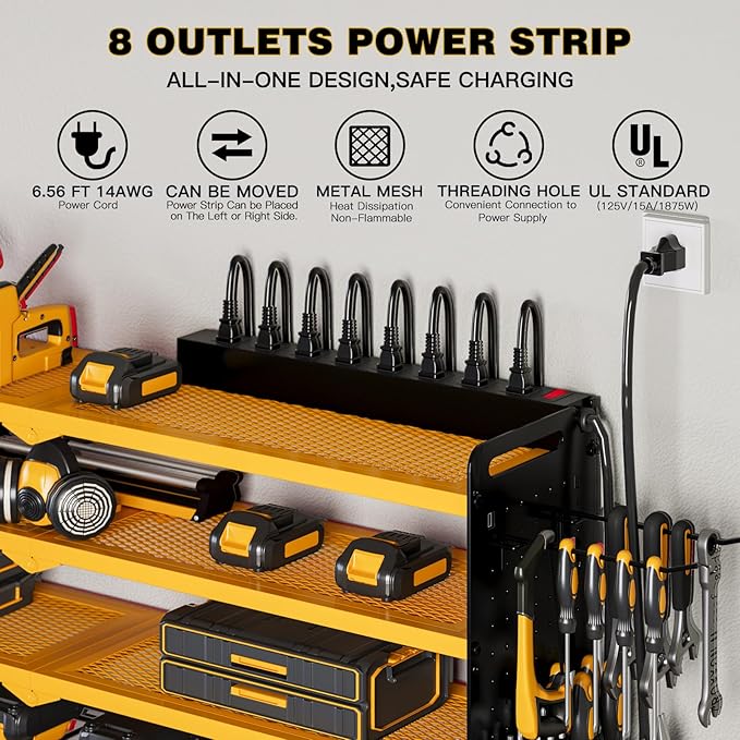 NattyDot Power Tool Organizer Wall Mount with Charging Station, 8 Drill Holder, 4 Layer Storage Rack for Garage Organization, Tool Holder with 8 Outlet Power Strip (Yellow)