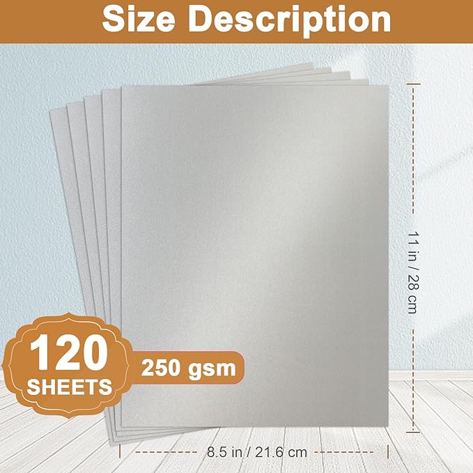 Silunkia 120 Sheets Shimmer Silver Cardstock 8.5 x 11 Craft Paper, 250gsm/92lb Heavyweight Certificate Paper Card Stock for DIY Card Making, Wedding Invitations, Thank You Cards, Business Cards