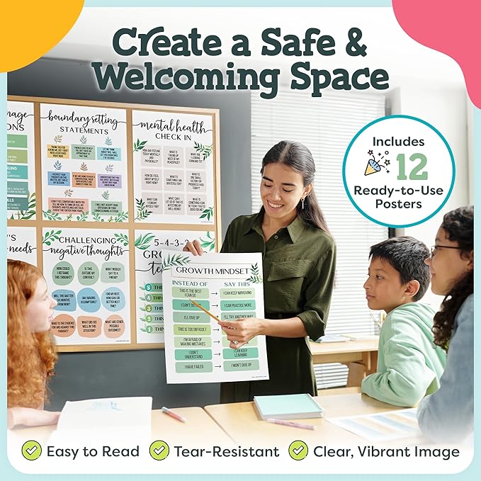 Mental Health Posters - 12 PCS (11"x14") - Coping Skills, Boundary Statements and Growth Mindset for Classroom, Therapy Office, Counseling Decor, Mental Health Gifts, School Counselor, Psych Supplies