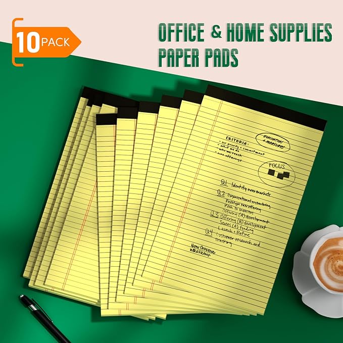 Legal Pads 8.5 x 14 Note Pads, 10 Pack Writing Pads Wide Ruled Notepads, Micro Perforated Notepad, Double-Side Printed Lined Paper Pads 30 Sheets per Notepad, Yellow Legal Pads for Home, Office, School