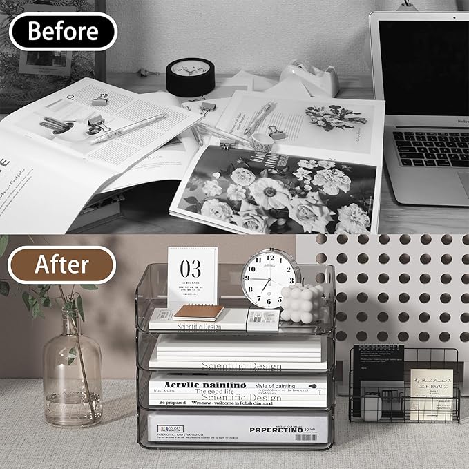 FANXIYQ 4-Tier Acrylic Paper Tray Organizer - Low-Profile Desk File Sorter for Office/Home, Brown Stackable Letter Tray for Bills, Crafts, Notebooks