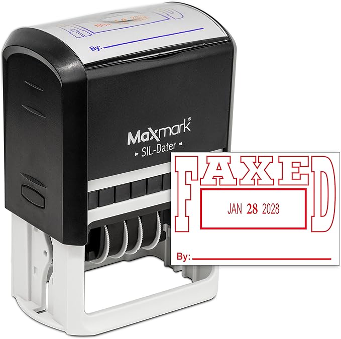 MaxMark Large Self-Inking Rubber Date Office Stamp with Faxed Phrase & Date - Red Ink, 12-Year Band - Style 5