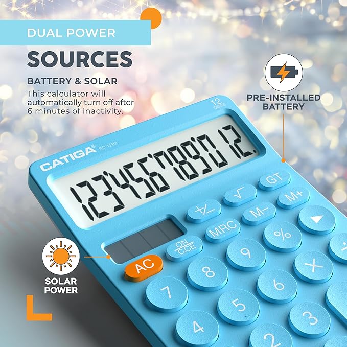 CATIGA 12 Digit Desktop Calculator Basic Desk Calculator with Large LCD Display, Big Buttons, 4 Function, Solar and Battery Dual Power, for Office, School, Home, SD-1292 Blue