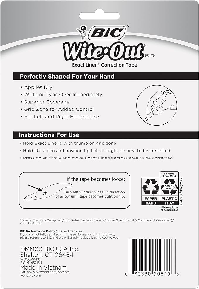BIC Wite-Out Brand Exact Liner Correction Tape, 19.8 Feet, white Correction Tape, Fast, Clean and Easy to Use Tear-Resistant Tape Office or School Supplies (Pack of 18, 72 Count Total)