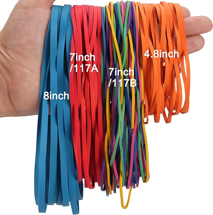 Rubber Bands Assorted Sizes Multicolor 0.5lbs 4 sizes large rubber bands heavy duty Elastic Bands for Office supplies size#117A,size#117B,size#8in,size(4-4/5" x 1/8")