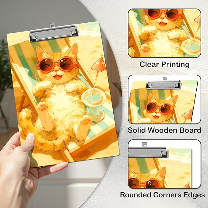 APIILVPQ Cat Clipboard, Cute Clipboards with Low Profile Clip for Office School Use, Cats Lover Gifts Wooden Clip Boards for Nurses Teachers Students - C02