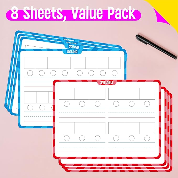 8 Packs Phonemic Awareness Dry Erase Board, Double Sided Dry Erase Board Writable and Erasable Phonics Learning White Board for Kids, Students, Classroom and Home (Each Measures 12” x 9”)
