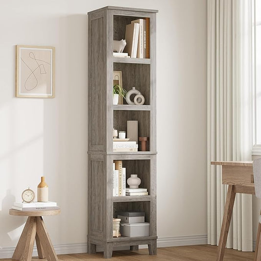 IDEALHOUSE 71" Farmhouse Bookshelf w/Adjustable Shelves & 31.5 in Whidth, 5 Tier Tall Bookshelf with Wooden Legs, Vintage Wooedn Book Shelf for Living Room Office (Gray, 71.3" H x 15.7" W x 11.8" D)